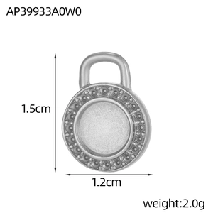 Macro view of geometric stainless steel pendant with size labels 1.5cm by 1.2cm