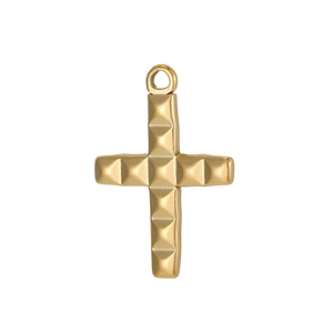 Minimalist gold stainless steel cross pendant featuring textured pyramid rivet details