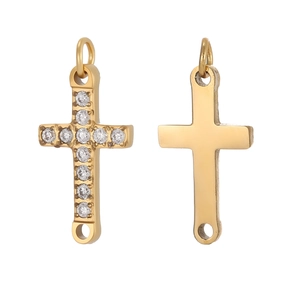 Detalle del colgante de cruz de acero inoxidable dorado con circones para joyería DIY