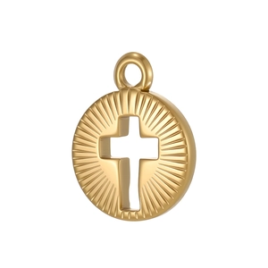 Elegant gold stainless steel round sunburst pendant with a hollow cross design for DIY jewelry