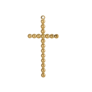 Macro view of gold beaded cross pendant showing metallic luster and rounded textures