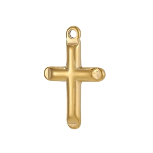 Detailed view of a polished gold-plated stainless steel cross pendant with hanging loop