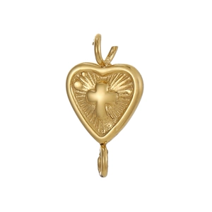 Golden heart pendant with engraved cross design and dual rings for DIY jewelry making