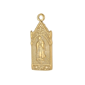 Detail of gothic arch Virgin Mary pendant in gold finish with radiant sunburst texture