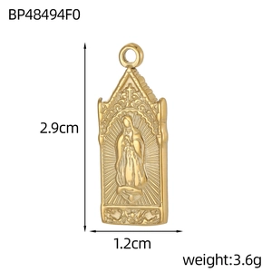 Detailed view of vintage gold plated stainless steel Virgin Mary pendant with measurements