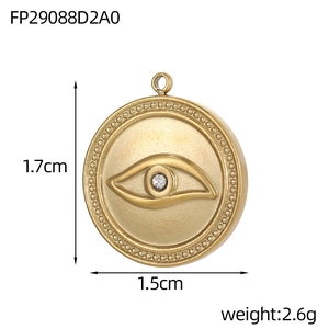 Detailed view of gold stainless steel Evil Eye pendant with clear crystal and dimensions