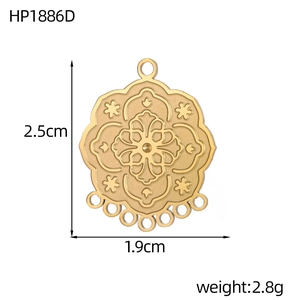 Gold stainless steel hollow mandala charm with dimensions 2.5cm by 1.9cm and six rings