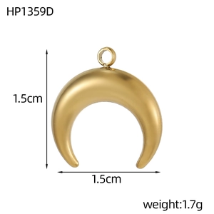 Macro view of a gold crescent moon pendant showing dimensions 1.5cm and matte finish
