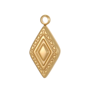 Colgante de rombo geométrico dorado con capas en relieve y borde texturizado en blanco
