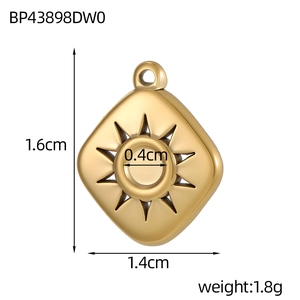 Detailed dimensions of the gold stainless steel square charm showing 1.6cm height