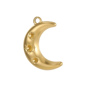 Detailed view of a golden crescent moon pendant with sunburst relief for DIY jewelry