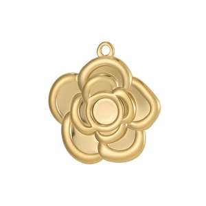 Detailed close-up of a 3D layered golden camellia flower charm with a polished finish