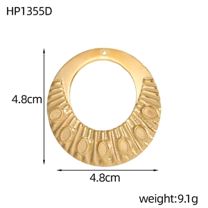 Detail of round gold stainless steel pendant with textured fan pattern and 4.8cm size