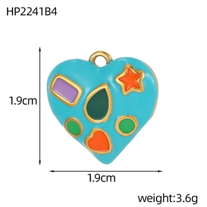 Detailed view of 1.9cm x 1.9cm sky blue heart enamel pendant with multi-color patterns