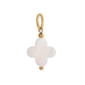Detailed close-up of clover-shaped white mother of pearl pendant with gold metal ring