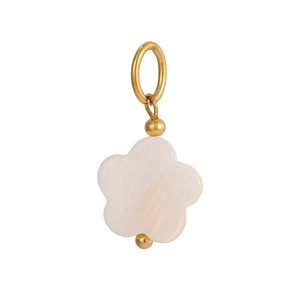 Elegant white shell five-petal flower pendant with gold metal ring on white background