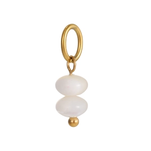 Detail of elegant gold hoop pendant with two white oval pearls and matte gold beads