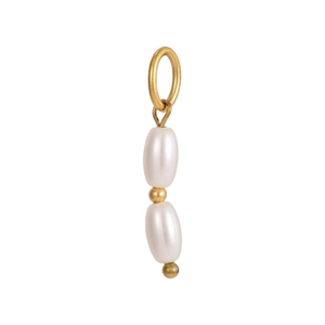 Detail of elegant gold-toned metal ring pendant with oval white faux pearls charm