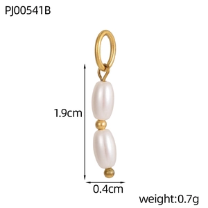 Detailed view of handmade pearl charm dimensions with golden beads and size indicators