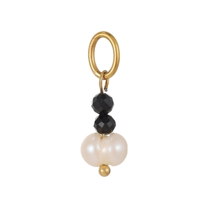 Minimalistische stalen hanger met zwarte facetkralen en een witte barokke parel