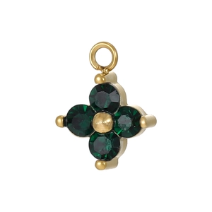 Detail of four-petal flower pendant with green faceted stones and golden center