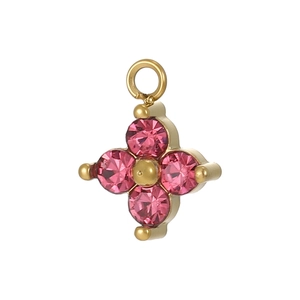 Close-up of a gold-plated flower pendant with four pink round-cut zircon stones