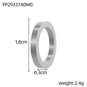 Detail of 1.8cm stainless steel ring showing 0.3cm width and 2.4g weight specifications