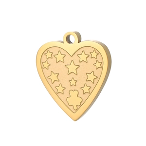 Pendentif cœur doré avec motifs d'étoiles et trèfle pour création bijoux
