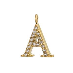 Pendentif lettre A doré avec pierres en zircone cubique serties et anneau de fixation