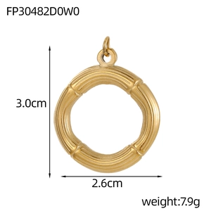 Golden bamboo textured geometric circle pendant made of brushed stainless steel