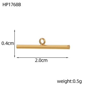 Macro view of gold-plated stainless steel bar pendant with dimensions and weight info