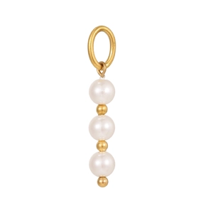 Detail of bohemian pearl pendant with gold beads and a hanging ring for DIY jewelry