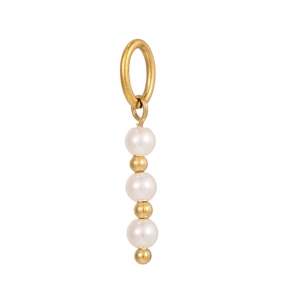 Detailed close-up of a vertical pendant with white pearls and gold bead accents