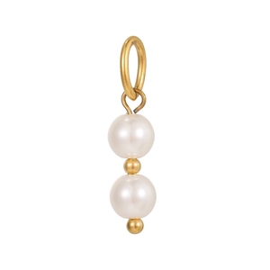 Elegant stainless steel double pearl pendant featuring two white round stones and gold accents