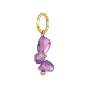 Detailed view of handmade Bohemian pendant with purple raw stones and gold hardware