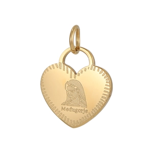 Close-up of golden heart pendant with Virgin Mary engraving and Medugorje text