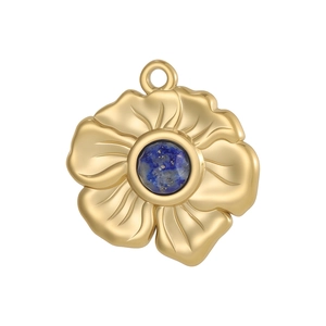 Pendentif fleur vintage en or avec pierre de lapis-lazuli naturelle et détails géométriques