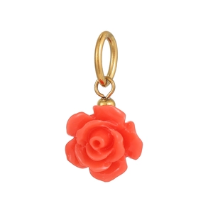 Detailed close-up of a red 3D rose flower pendant with a golden metal ring for DIY jewelry