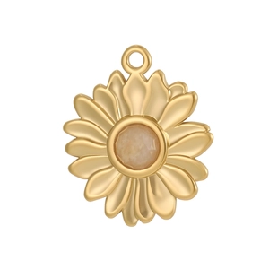 Pendentif tournesol vintage en acier inoxydable avec pierre beige et cadre doré