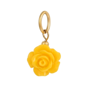 Macro view of a vibrant yellow 3D resin rose pendant with a polished gold metal loop