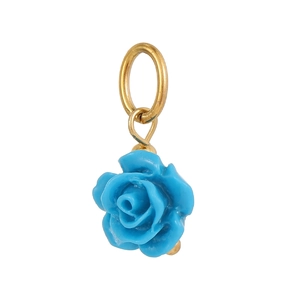 Detailed close-up of an elegant blue rose pendant with a gold ring for jewelry making