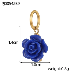 Detailed view of 1.4cm blue resin rose charm with gold ring and weight specifications