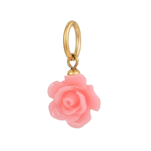 Pink resin flower keychain pendant with golden circular hook on white background