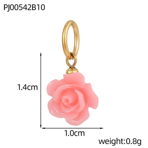 Detail view of a pink resin flower pendant with dimensions 1.4cm height and 1.0cm width