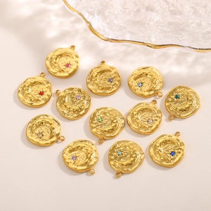 Pendentifs ronds baroques en acier inoxydable avec lune et zircons colorés