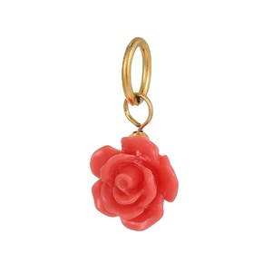 Detail of coral red rose charm with gold-toned ring loop for DIY jewelry designs