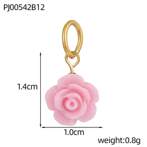 Pink resin flower charm with gold metal ring for bags and keychains, size 1.4cm x 1.0cm