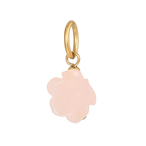 Detail view of a translucent pink rose pendant with a polished gold ring connector