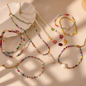 Collar de Cuentas de Colores Para Mujer Colgante de Corazón Flor Cara Sonriente de Perlas Artificiales de Imitación Juego de Joyas Pulsera Pendientes
