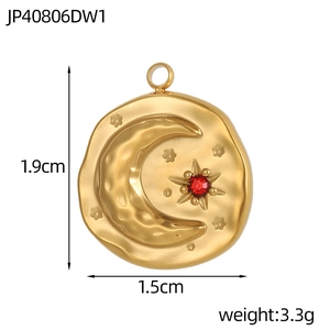 Pendentif pièce lune et étoile dorée avec zircon rouge incrusté en acier inoxydable